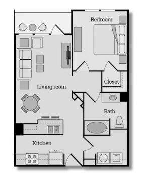 Floor plan for 1 bed, 1 bath, 717 sqft